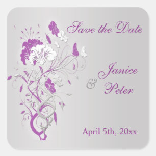 Floral silver purple, butterfly Save the Date Square Sticker