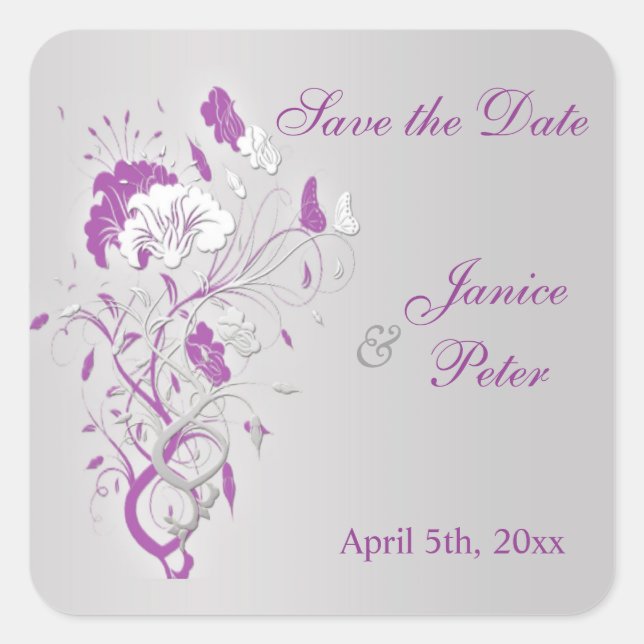 Floral silver purple, butterfly Save the Date Square Sticker (Front)