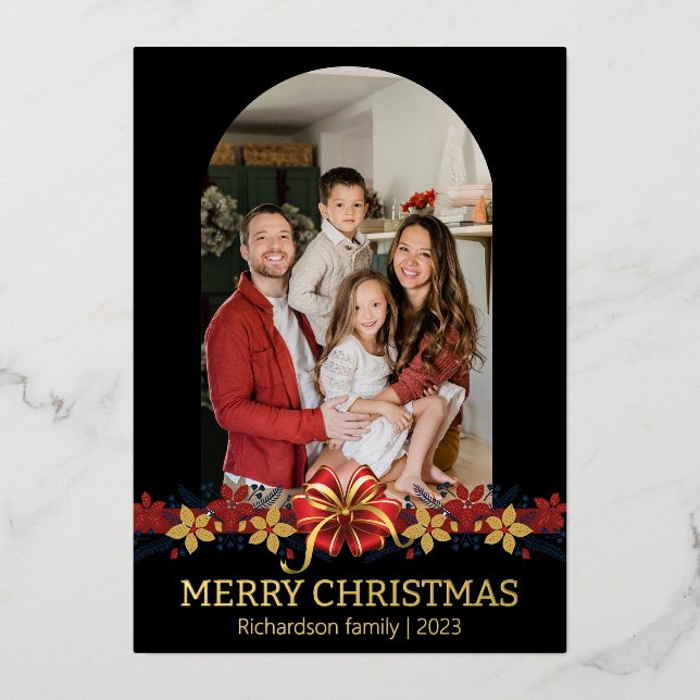 Floral Simple Elegant Family Christmas Photo Foil Holiday Card (Front)