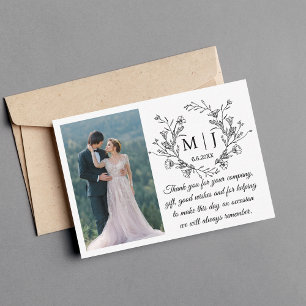 floral simple monogram thank you wedding photo card