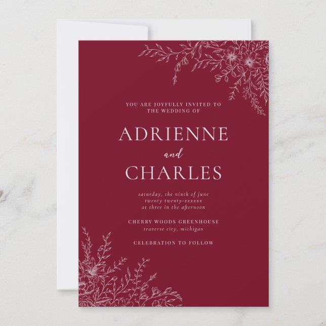 Floral Simplicity 1 Burgundy Minimal Wedding Invitation (Front)