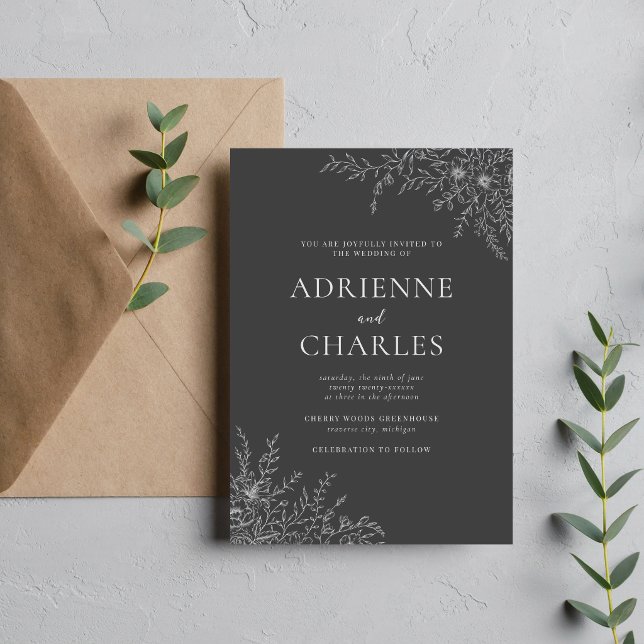 Floral Simplicity 1 Charcoal Gray Minimal Wedding Invitation (Creator Uploaded)
