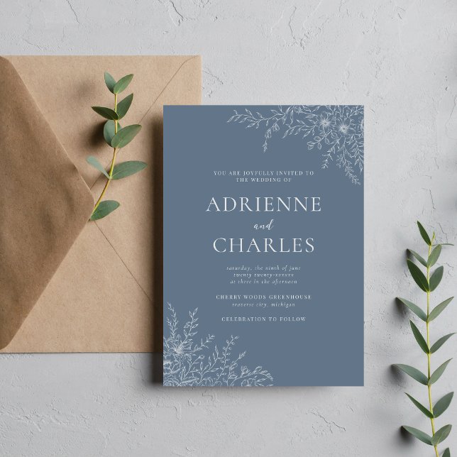 Floral Simplicity 1 Coastal Blue Minimal Wedding Invitation (Creator Uploaded)
