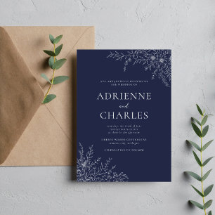 Floral Simplicity 1 Dark Navy Blue Minimal Wedding Invitation