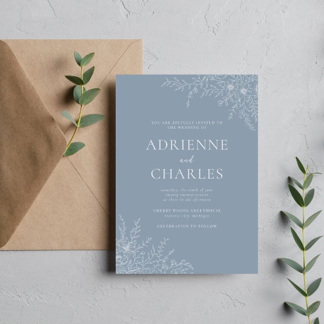 Floral Simplicity 1 Dusty Blue Minimal Wedding Invitation (Creator Uploaded)
