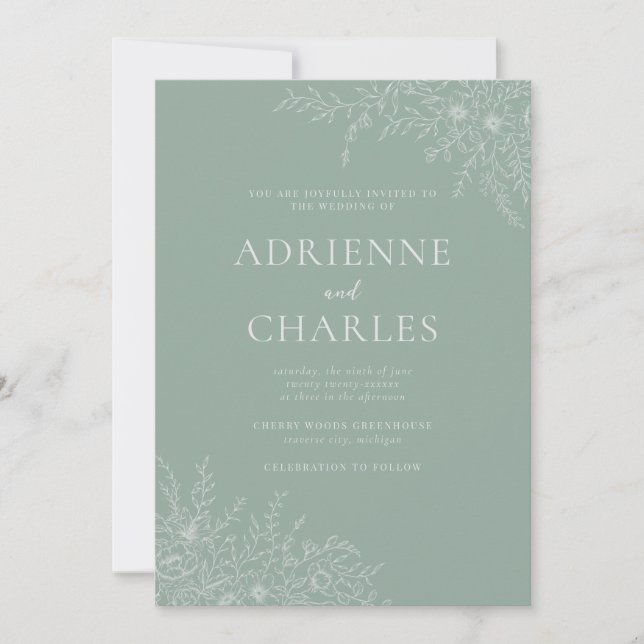 Floral Simplicity 1 Modern Green Minimal Wedding Invitation (Front)