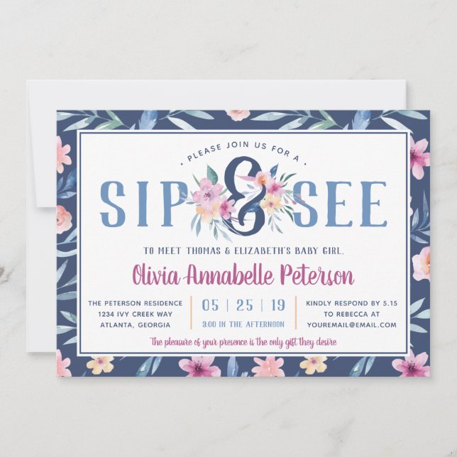 Floral Sip and See Baby Shower Invitation, Spring Invitation (Front)