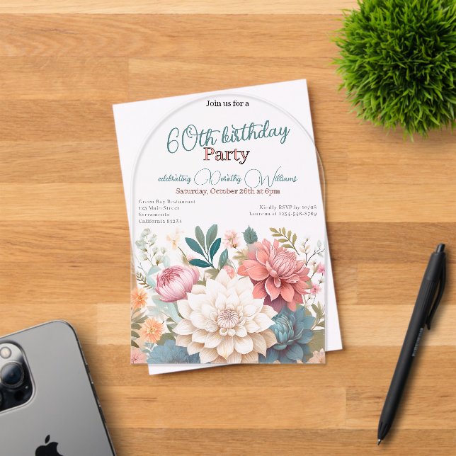 Floral sixtieth birthday dahlias transparent acrylic invitations (Insitu (Invitation Card))