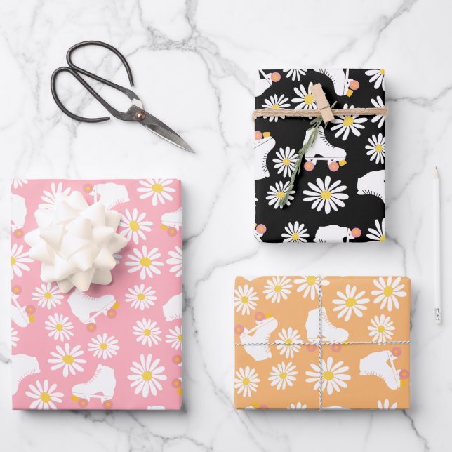Floral Skates Roller Skating Pattern Birthday  Wrapping Paper Sheet (Front)