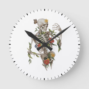 Floral Skeleton Butterfly Botanical Art Skull Round Clock