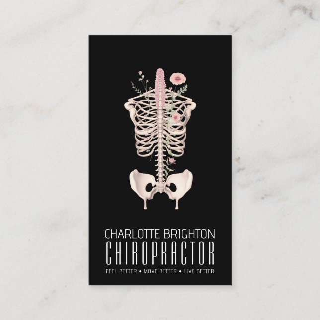 Floral Skeleton Chiropractor Black Appointment & Business Card (Front)