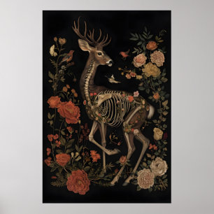 Floral Skeleton Deer Botanical Art Printable, Dark Poster