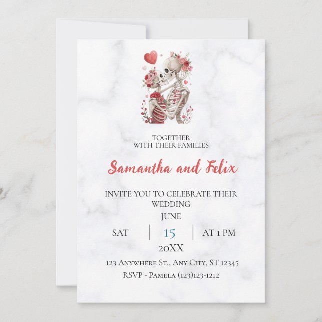 Floral Skeleton Embrace Marble Wedding Invitation (Front)