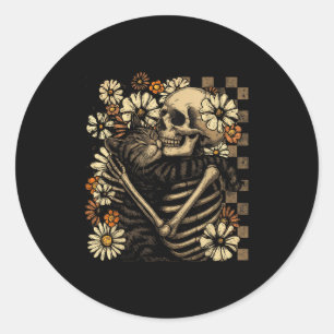 Floral Skeleton Hugging Cat Halloween Cat Lover Ca Classic Round Sticker