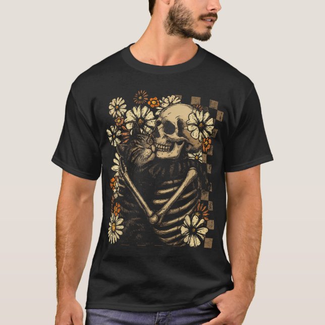 Floral Skeleton Hugging Cat Halloween Cat Lover T-Shirt (Front)