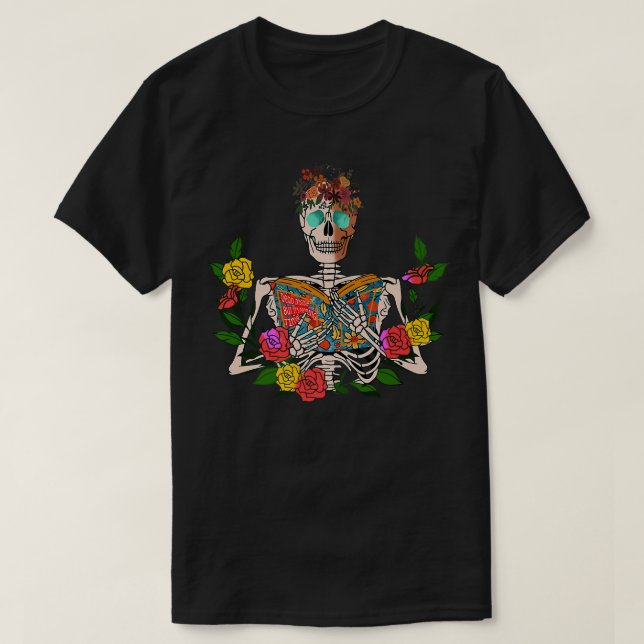 Floral Skeleton Reading Dead Inside But Reading Ti T-Shirt (Design Front)