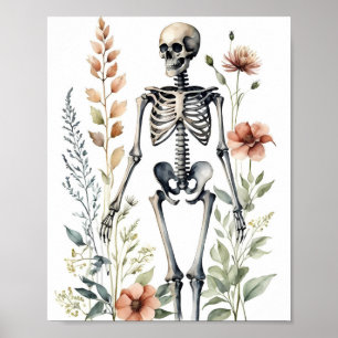 Floral Skeleton Watercolor Painting Poster