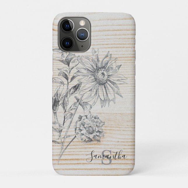 Floral Sketch on Faux Wood Background Monogram Case-Mate iPhone Case (Back)