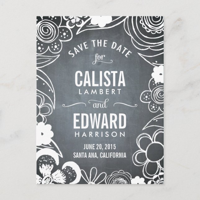 Floral Sketch Save The Date - Chalkboard Announcement Postcard (Front)
