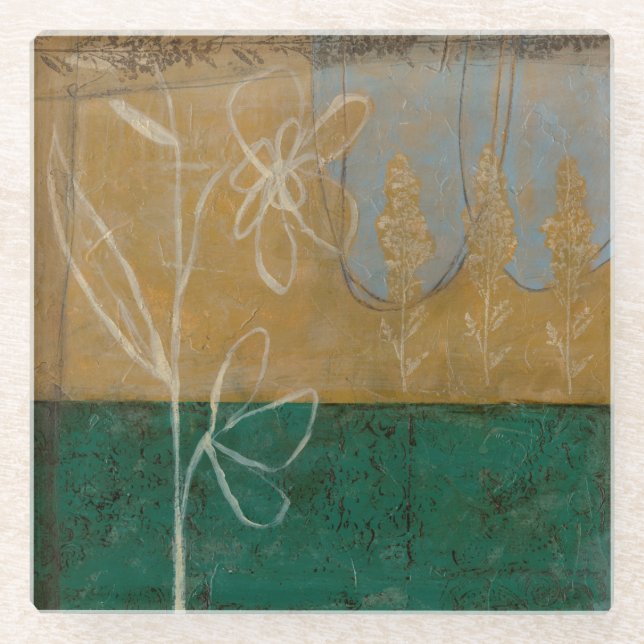 Floral Sketch with Wildflower and Plants Glass Coaster (Front)