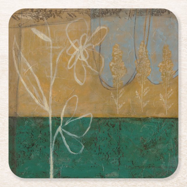 Floral Sketch with Wildflower and Plants Square Paper Coaster (Front)
