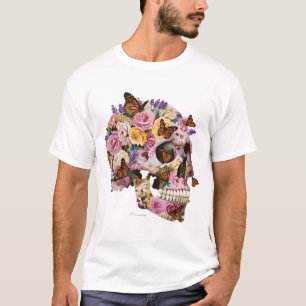 Floral Skull and Monarch Butterflies Artistic T-Sh T-Shirt