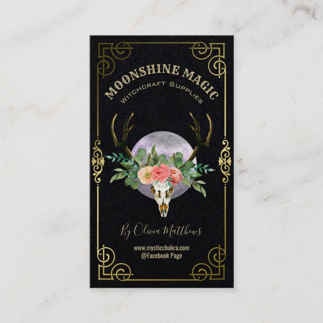 Floral Skull And Moon Black Witchcraft Business Card (Front)