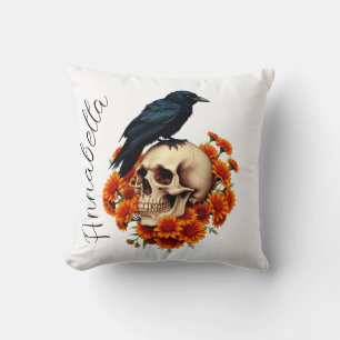 Floral Skull and Raven Personalised Name Cushion
