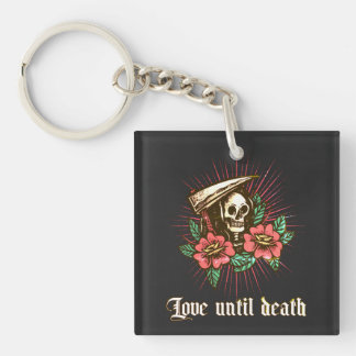 Floral skull and rose with  text Love until death  Key Ring