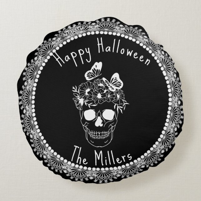 Floral Skull Black White Lace Halloween  Round Cushion (Back)
