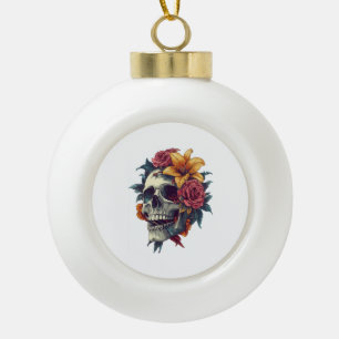 Floral Skull Bloom Ceramic Ball Christmas Ornament