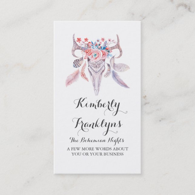 floral skull boho watercolor business card (Front)