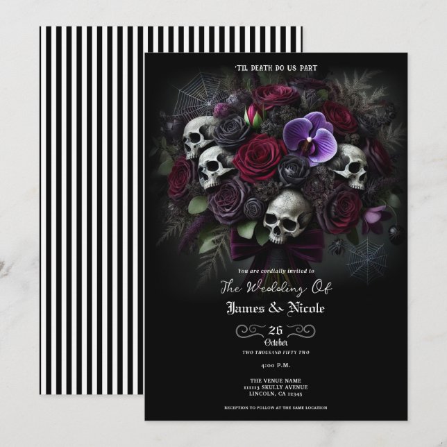 Floral Skull Bouquet Dark Gothic Halloween Wedding Invitation (Front/Back)