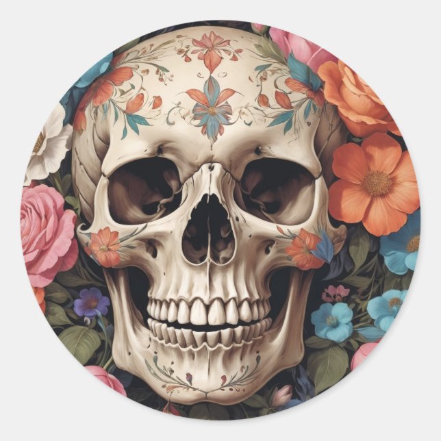 Floral skull classic round sticker (Front)