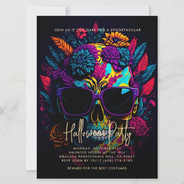 FLORAL SKULL Colourful Adult Halloween Party Invitation (Front)