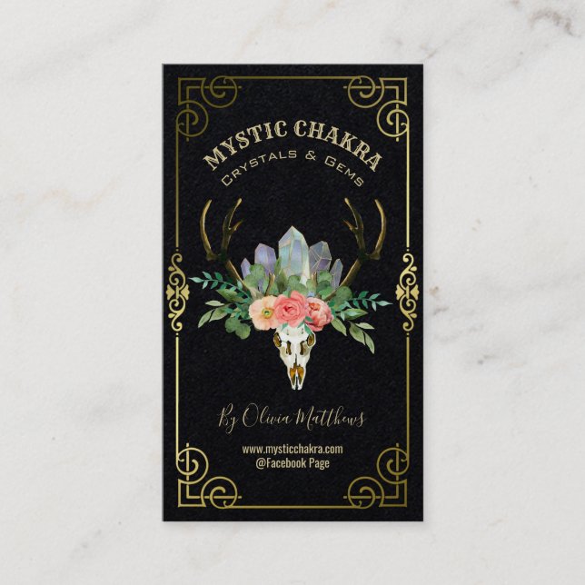 Floral Skull Crystal And Gem Business Card (Front)