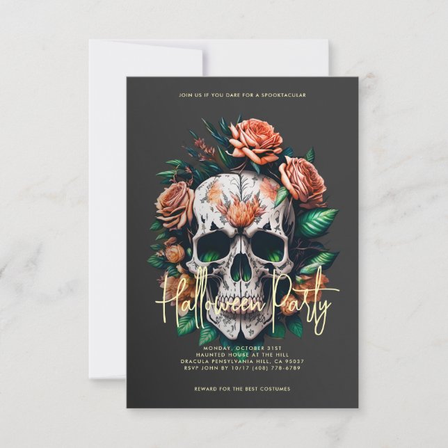 Floral Skull Dark Grey Halloween Party Invitation (Front)