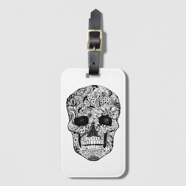 Floral Skull Doodle Luggage Tag (Front Vertical)