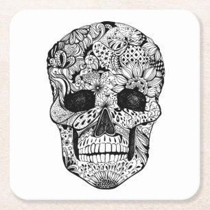Floral Skull Doodle Square Paper Coaster