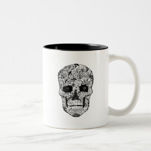 Floral Skull Doodle Two-Tone Coffee Mug