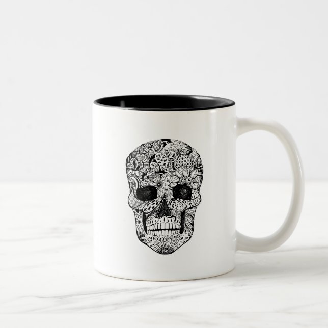 Floral Skull Doodle Two-Tone Coffee Mug (Right)