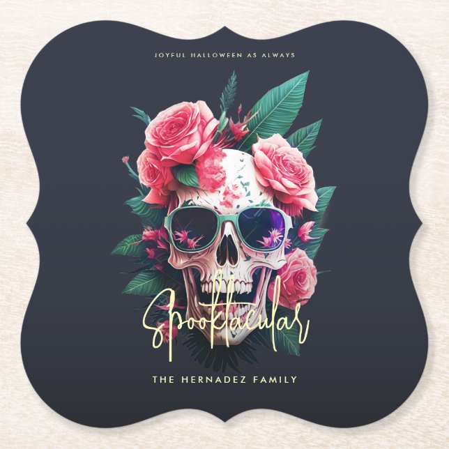 Floral Skull Faboolous Spooktacular Family Name  Paper Coaster (Front)