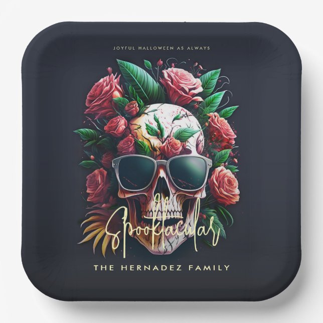 Floral Skull Faboolous Spooktacular Family Name  Paper Plate (Front)