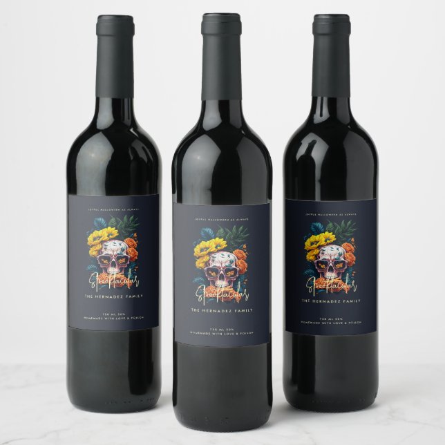 Floral Skull Family Name Faboolous Spooktacular  Wine Label (Bottles)