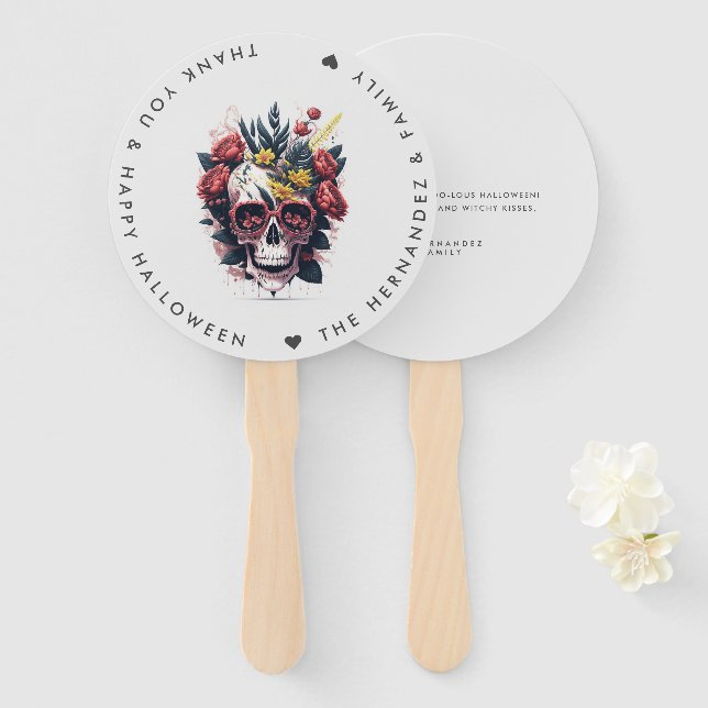 FLORAL SKULL Family Name Halloween Party  Hand Fan (Front and Back)