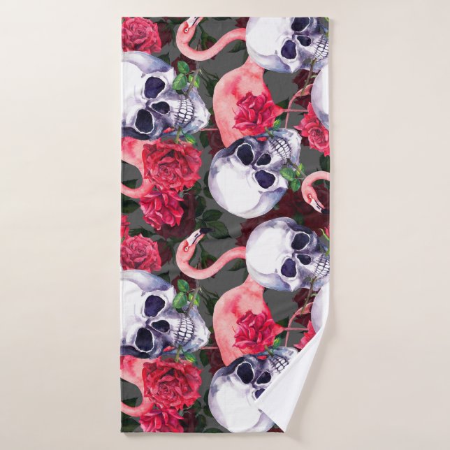 Floral skull, flamingo seamless pattern. bath towel (Bath Towel)