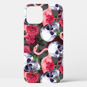Floral skull, flamingo seamless pattern. iPhone 12 case