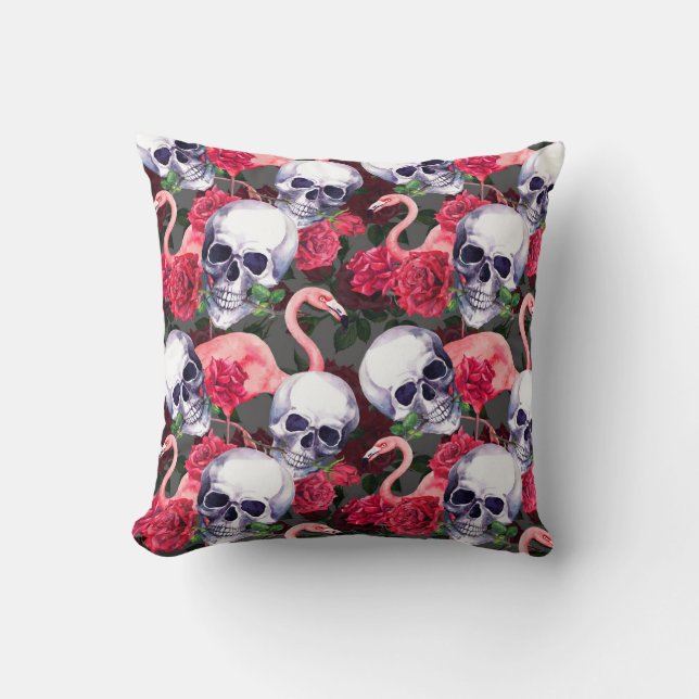 Floral skull, flamingo seamless pattern. cushion (Front)