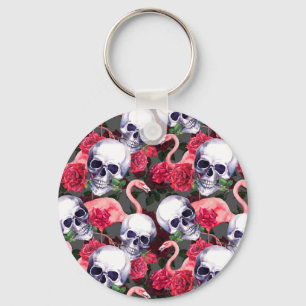 Floral skull, flamingo seamless pattern. key ring