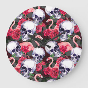 Floral skull, flamingo seamless pattern. large clock